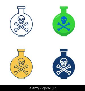 Chemikalienflasche mit Giftsymbol in flacher und linienform. Laborbecher mit Totenkopf-Symbol. Symbol für giftige Substanzen. Vektorgrafik. Stock Vektor