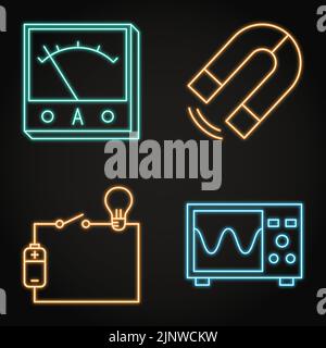 Physik-Neon-Symbol im Linienstil gesetzt. Schaltplan, magnetische Kraft, Amperemeter und Oszilloskopsymbole. Vektorgrafik. Stock Vektor