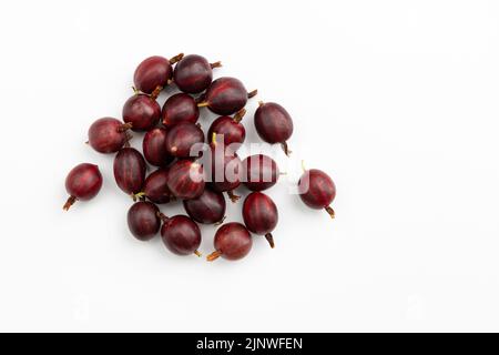 Frische rote Stachelbeere isoliert auf weißem Hintergrund, Draufsicht, süße reife Beeren Stockfoto