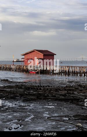 Blick bei Sonnenaufgang auf die Holzbrücke und den Hintergrund des roten Hauses am Clan Tan Jetty, einem der Touristenattraktionen in Georgetown, Penang, Malaysia. Stockfoto