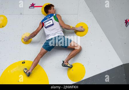 München, Deutschland. 13. August 2022. Europameisterschaften, Europameisterschaft, Sportklettern, Bouldern, Männer, Finale, am Königsplatz. Filip Schenk aus Italien in Aktion. Quelle: Sven Hoppe/dpa/Alamy Live News Stockfoto