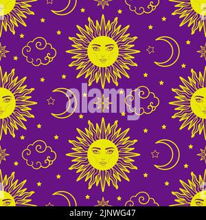 Nahtloses Muster mit Sonne und Halbmond auf violettem Hintergrund. Vektor Stock Vektor