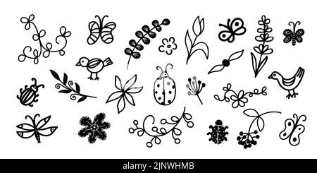 Großes Set mit Vektorpflanzen, Insekten, Schmetterlingen. Doodle Illustration mit verschiedenen Blumen und Pflanzenzweigen. Clipart, Line Art Stock Vektor