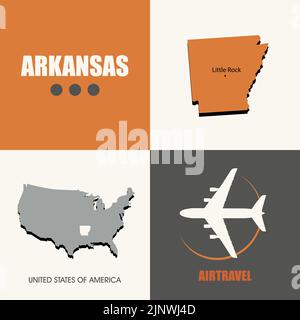 Flaches Design USA Karte. Symbol für Tourismus. USA Staaten Flugreisen Stock Vektor