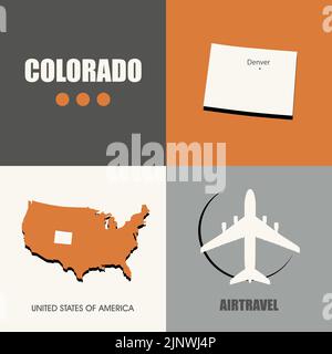 Flaches Design USA Karte. Symbol für Tourismus. USA Staaten Flugreisen Stock Vektor