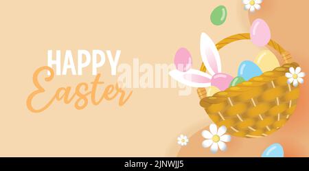 Weidenkorb mit bunten ostereiern und weißen Hasenohren Vektorgrafik Banner. Osterverkaufsvorlage für den Frühling mit dekorativen Blumen. Stock Vektor