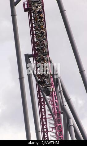 Fahrer auf vertikalem Fall der Achterbahn. Blick von der öffentlichen Straße auf Warner Brothers Movie World Purple Hypercoaster Thrill Ride. Gold Coast, Australien Stockfoto