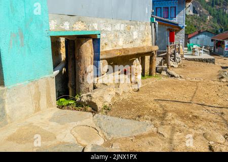 Phakding, Nepal - 21 Apr 2022: Blick auf das Dorf Phakding in den Himalaya-Bergen Nepals Stockfoto