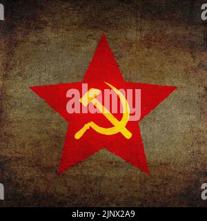 Wappen der Sowjetunion: Hammer und Sichel in rotem Stern. UdSSR-Symbol, grunge strukturiert Stockfoto