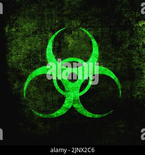 Biohazard-Schild, grün auf schwarz. Emblem der biologischen Bedrohung, grunge strukturiert Stockfoto