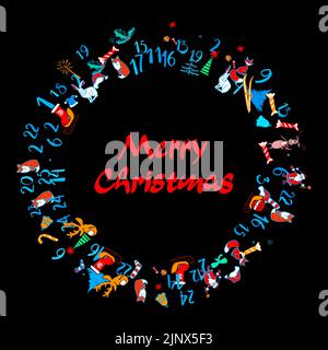 Adventskalender mit rundem Muster. Niedliche bunte Weihnachtsschmuck mit Zahlen des Tages dezember. Vorlage für die Anzeige der Nachricht. Toll für Weihnachten Stock Vektor