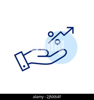 Investitionen in den wachsenden Markt, der Gewinne erzielt. Hand hält wachsenden Prozentpfeil. Pixel-perfektes, bearbeitbares Strichliniensymbol Stock Vektor