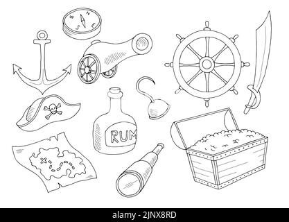 Pirate Set Grafik schwarz weiß isoliert Skizze Illustration Vektor Stock Vektor