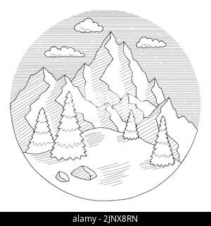 Berg rund Rahmen Bereich Grafik schwarz weiß Kreis Landschaft isoliert Skizze Illustration Vektor Stock Vektor