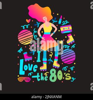 Disco-Party 70s. Ich liebe das Retro-Nachtparty-Poster für eine Frau aus den 80ern. Rollschuhlaufwerke und andere Retro-Symbole Stock Vektor
