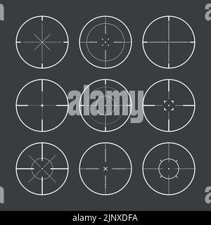 Verschiedene Scharfschützengewehr Visiere, Waffe optischen Scope Fadenkreuz. Sucher für Jagdwaffen. Symbol für das Aufschießzeichen, zielen. Militärisches Zielschild. Spieloberfläche Stock Vektor