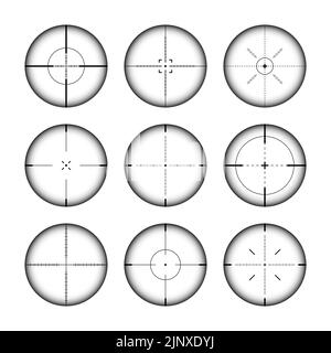 Verschiedene Waffenvisiere, Scharfschützengewehr optische Scopes. Jagdgewehr-Sucher mit Fadenkreuz. Ziel, schießen Marke Symbol. Militärisches Zielzeichen, Silhouette Stock Vektor