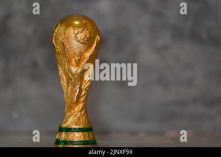 DOHA, KATAR - 14. AUGUST 2022: FIFA WM-Trophäe vor grauem Hintergrund Stockfoto