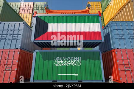Frachtcontainer mit Nationalflaggen Saudi-Arabiens und Kuwaits. 3D Rendering Stockfoto