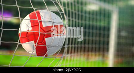 Fußball mit Flagge von England im Tornetz des Fußballstadions. Fußballmeisterschaft von England Konzept. 3D Abbildung Stockfoto