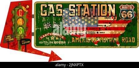 Vintage grungy amerikanische Mutter Straße, Route 66 Tankstelle Zeichen, retro notleidend und verwittert Vektor-Illustration Stock Vektor