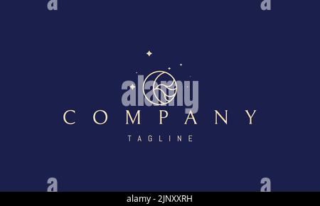 Vektor goldenes Logo, auf dem ein abstraktes Bild des Mondes in einem Kreis mit Wellen. Stock Vektor