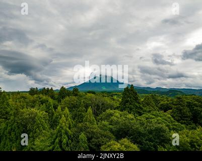 Luftaufnahme des Waldes in den Ausläufern des Mt. Daisen am bewölkten Tag Stockfoto