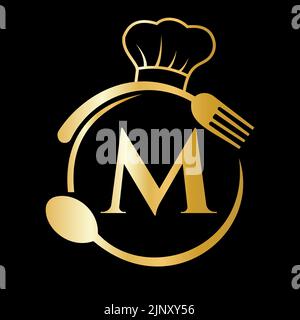 Restaurant Logo auf Buchstabe M Konzept. Logo „M“ mit Kochmütze, Löffel und Gabel für das Restaurant Stock Vektor