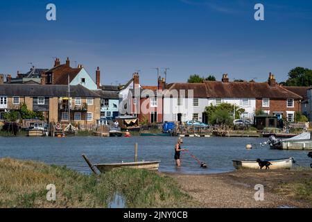 WIVENHOE IN ESSEX, VOM GEGENÜBERLIEGENDEN UFER (ROWHEDGE) AUS FOTOGRAFIERT. HUNDE UND MENSCHEN HABEN SPASS BEIM SCHWIMMEN IN DER HITZEWELLE VON 2022. Stockfoto