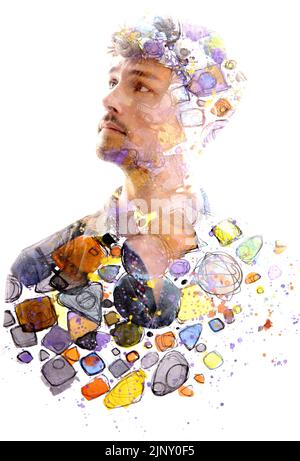 Paintographie Porträt vermischt mit einem abstrakten Gemälde Stockfoto