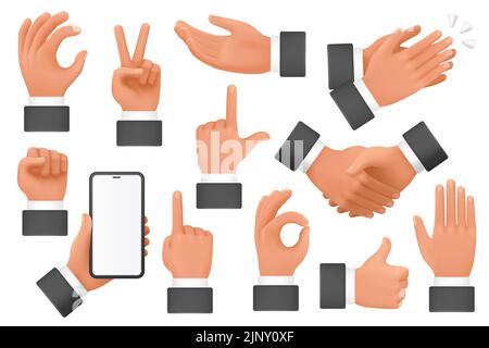 3D Hände des Geschäftsmannes mit verschiedenen Gesten setzen Vektor-Illustration. Arm zeigt Richtung mit Finger, hält Telefon und Faust, zeigt okay und Sieg Zeichen, Sammlung isoliert auf weiß Stock Vektor