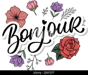 Bonjour Paris Phrase Vektor Schriftzug Kalligraphie Pinsel Stock Vektor