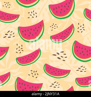 Wassermelone schneidet frisches Muster. Niedliche nahtlose Hintergrund. Vektorgrafik. Exotische farbenfrohe tropische Früchte. Stock Vektor