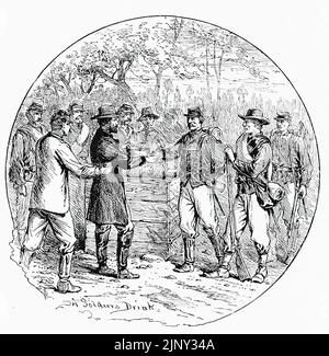 Ein Soldat trinkt. Ein Soldat der Union Army trinkt aus einem Bauernhaus am Straßenrand. Illustration des amerikanischen Bürgerkriegs des 19.. Jahrhunderts von Edwin Forbes Stockfoto