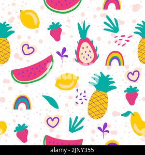 Nahtloses Muster mit Früchten und Pflanzen auf kreativem Hintergrund - Vektorgrafik. Zitrone, Wassermelone, Ananas, Erdbeere, Mango, drachenfrucht, pi Stock Vektor