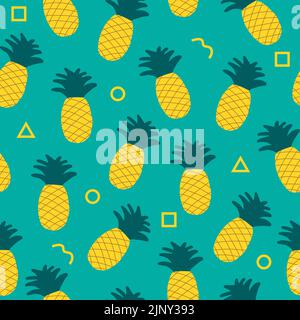 Handgezeichnetes nahtloses Muster mit Ananas auf blauem Hintergrund. Tropisches Obst Ananas- und Palmenblatt Nahtloses Muster Hintergrunddesign. Stock Vektor