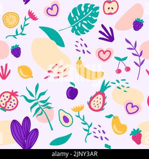 Hawaiianische Nahtloses Muster mit tropischen Früchten und Blumen. Vektorgrafik Oberflächendruck auf weißem Hintergrund. Stock Vektor