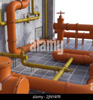 3D-Illustration eines industriellen Rohrleitungssets Stockfoto