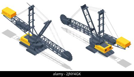 Isometrischer Schaufelradbagger. BWE, kontinuierliche Grabmaschine im großen Tagebaubetrieb, die Tausende von Tonnen Überlast beseitigt Stock Vektor