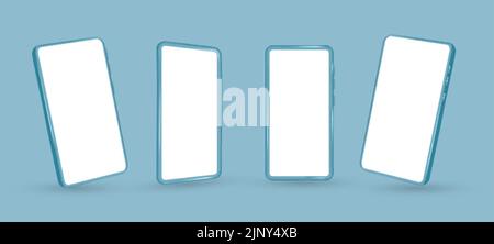 Blaues Smartphone-Modell einstellen, 3D-Vektor-Template-Set. Vorderansicht des Mobiltelefons auf weißem Hintergrund Stock Vektor
