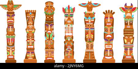 Totempfähle maskieren. Hawaii Tiki Totems, uralte mythologische Symbole indigener amerikaner. Tribal Masken, Cartoon native indische anständige Vektor-Skulpturen Stock Vektor