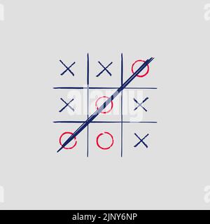 TIC tac TOE Spielort. Criss Kreuz und Kreise, klassisches Papier Schule College spielen mit handgezeichneten Grunge Elemente. Vektorgrafik stilvoller Kartendruck Stock Vektor