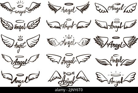 Engelsschriftzug und Flügelskizze. Geist heilige Engel Flügel mit Heiligenschein. Kunst fliegende Federn Elemente des Vogels. Schwarz handgezeichnetes neoterisches Vektor-Design Stock Vektor
