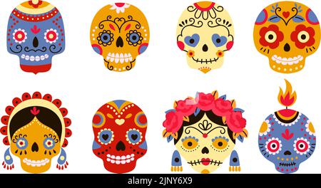 Tottagsschädel. Sugar Scary Skull Dia de los muertos. Mexiko Cartoon-Totem-Logo in Hut und Blumenkränzen. Mexikanisches Festival nowaday gruseligen Vektor Stock Vektor