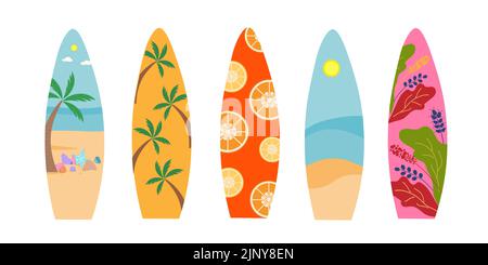 Bunte Surfbretter. Sommersport und Strandsportangebote. Stock Vektor