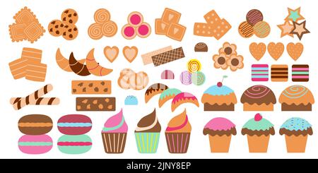 Ein Set isolierter Süßigkeiten in Form von Cupcakes, Keksen, Süßigkeiten, Waffeln, Zip-Hire, Marmelade, Eis und süße Bagels. Donuts und Kekse backen Stock Vektor