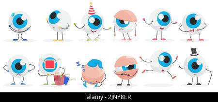Lustige Augenball Zeichen setzen Vektor-Illustration. Cartoon-Augäpfel mit blauer Hornhaut und schwarzer Pupille und witzigem Gesichtsausdruck, fröhliches und trauriges Comic-Emoticon isoliertes Weiß. Optometrie-Konzept Stock Vektor