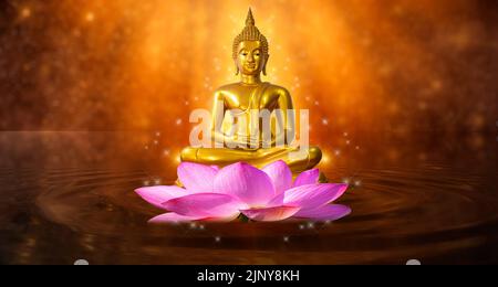 Buddha Statue Wasser lotus Buddha auf Lotus Flower auf orangefarbenem Hintergrund Stockfoto