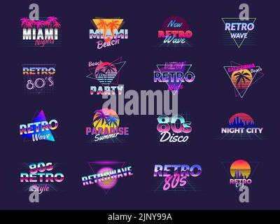 Retro-Abzeichen. Stilisierte Synth Wave Logo neon 1980s Stil cyberpunk farbigen Vorlagen. Die Sammlung der neuesten Vektorbilder wurde isoliert Stock Vektor