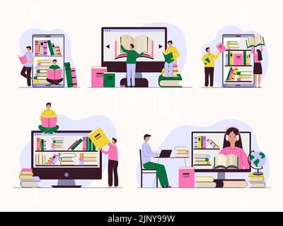 Online-Bibliothek. Technologie für Fernunterricht Menschen, die Bücher auf Smartphones lesen, hören Bücher im Audioformat, aktuelle Vektorkonzepts-Illustrationen Stock Vektor